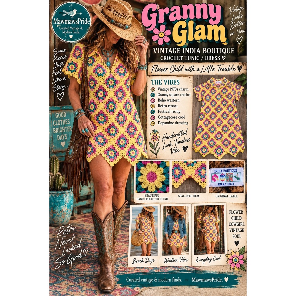 Vintage 70s India Boutique Granny Glam Crochet Flower Child Tunic Dress
